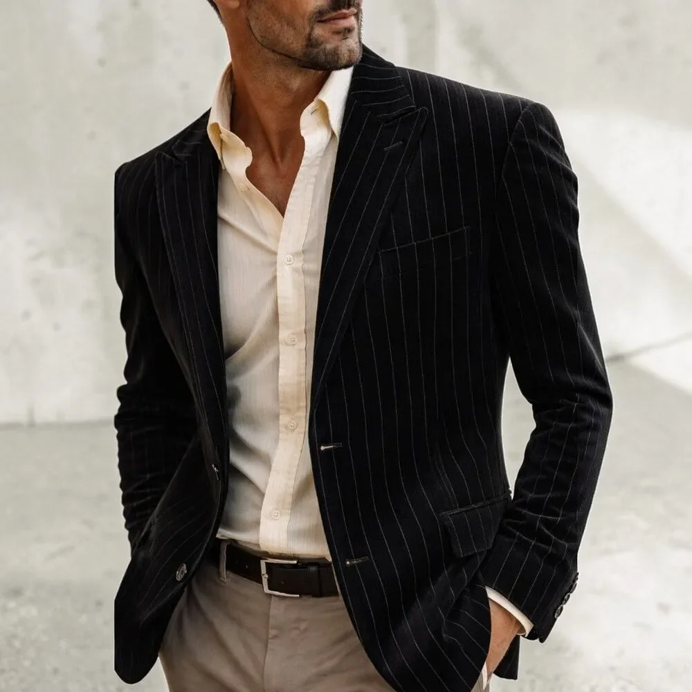 Vtg Velvet XL Black Pinstripe Blazer Tailored Sport Coat Classic Formal Wedding